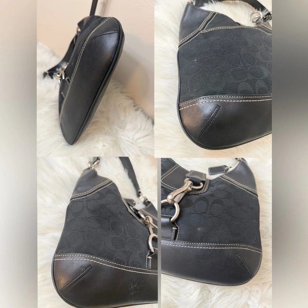 Coach Signature Black Leather Fabric Shoulder Hobo Bag #10242
